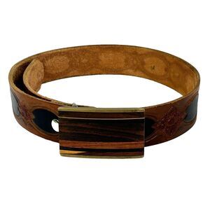 Kenneth Reid Inlaid Exotic Wood Painted Buckle Leather Loft Tooled Brown Belt 30